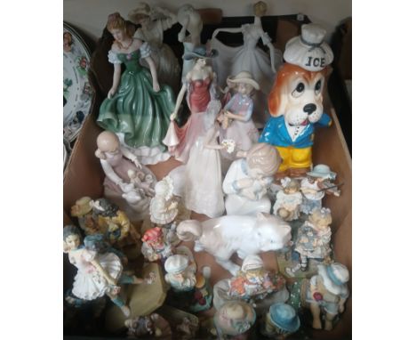 Box of figures and ornaments and a box of glassware 