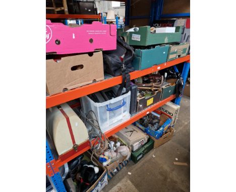 Eleven boxes of assorted items including Jones electric sewing machine, binoculars, Salter scales, shoes, soft toys, Mystical