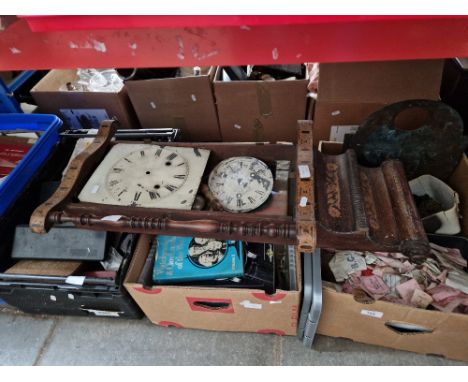 3 boxes and a tub of clock parts and tools, together with a clock case and movement etc