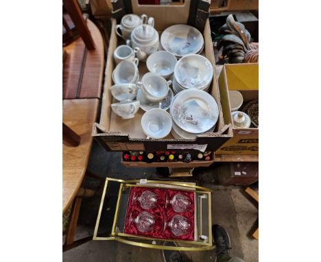 A mixed lot comprising Art Deco style metal and glass drinks trolley, boxed set of four Doulton crystal brandy glasses, a box