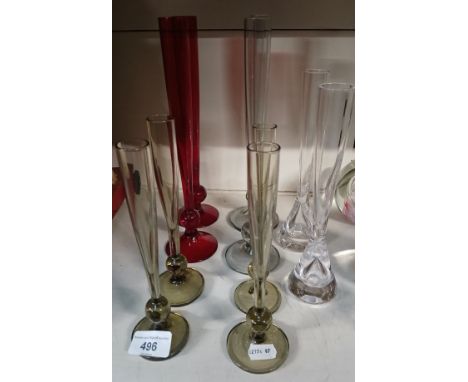 Whitefriars glass bud vases; five pairs including red glass &amp; pewter glass. 