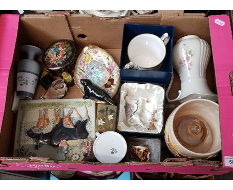 Assorted items including a Swedish 1980s Staffan Johnson ceramic plaque showing an elk family group, boxed decorative 2 handl