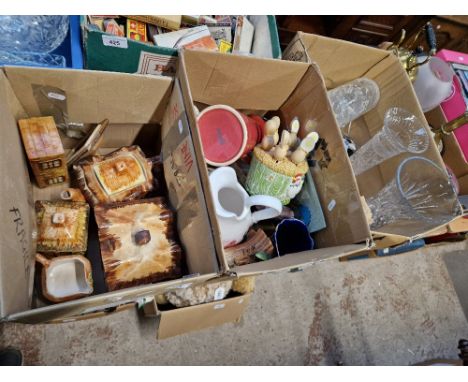 A box of Price Bros cottage wares, a box of glassware,  and a box of mixed ceramics and glass