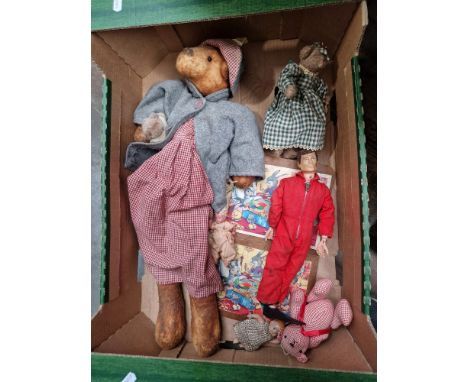 A box of vintage toys including Action Man, teddy bears and dolls.