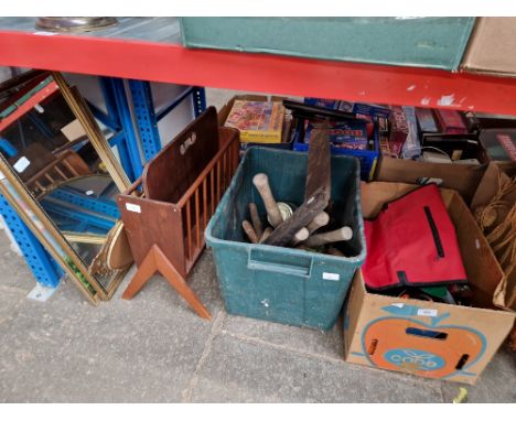 2 boxes of tools including cable reels, electric drill, metal T square, shears, trowels, magazine rack, 2 mirrors and a needl