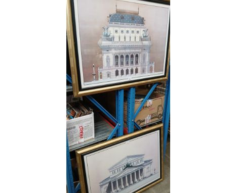 Two framed architectural prints after Andras Kaldor (Hungarian, b1938), 'Bolshoi Theatre, Moscow' and 'Narodni Divaldo, Pragu