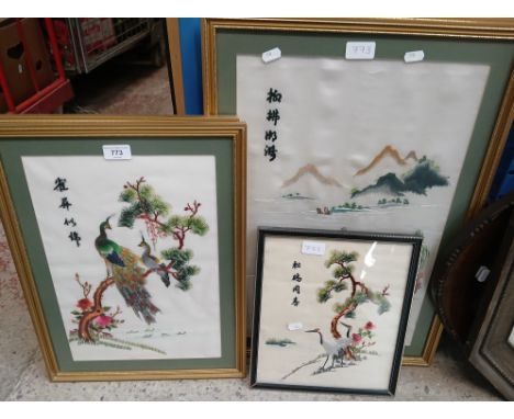 Seven framed Chinese silk embroidery pictures together with a wooden and glass tray shaped as a horseshoe. 