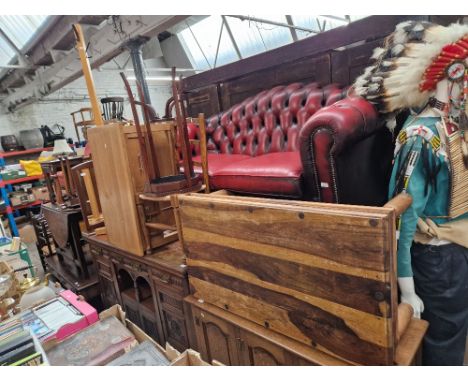 A mixed lot of furniture comprising hardwood coffee table, oak single drawer table, rush seat chair, Edwardian mahogany occas