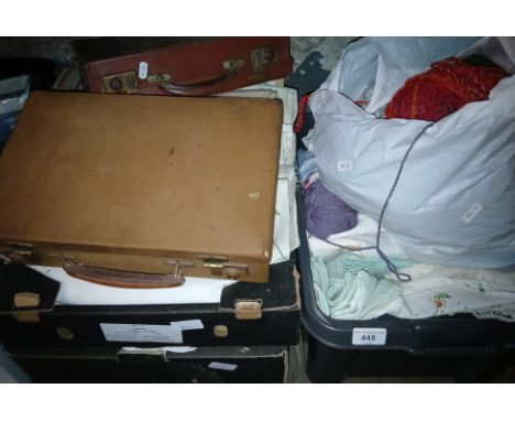 Three boxes of vintage linen including table mats, clothes, lace and crochet, tray mats, cushion covers, wool, knitting needl