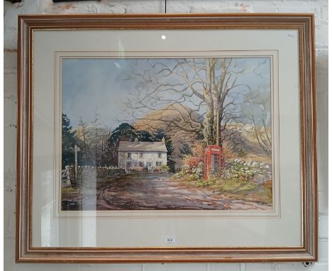 Simon Bull (British b1958), watercolour, Lake District scene with cottage and telephone box, 74.5cm x 54.5cm, signed to lower