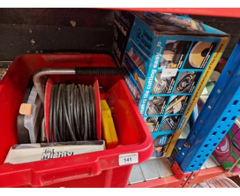 A Diamond wet wheel tile cutter, extension cable reel, test meter, cased set of Allen keys (metric and imperial), cased wood 