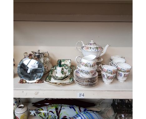 A mixed lot comprising five pieces of Masons Ironstone, a small barbola mirror, a silver top cut glass bottle, silver plated 