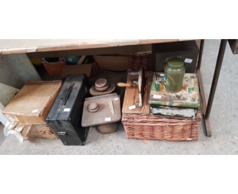 A collection of mixed items, Wicker picnic hamper, old tins, kitchen items, vintage wind up gramophone, books etc