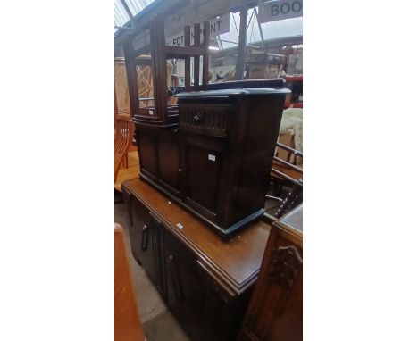 Assorted furniture comprising a 1930s oak sideboard, a nest of tables and a telephone seat.