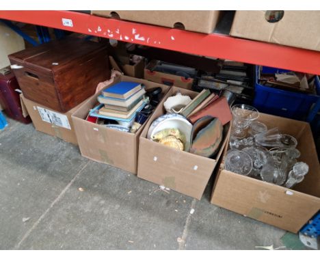 2 boxes of mixed ceramics, a box of glass, a box of blankets, and a leather travel/vanity case and contents case