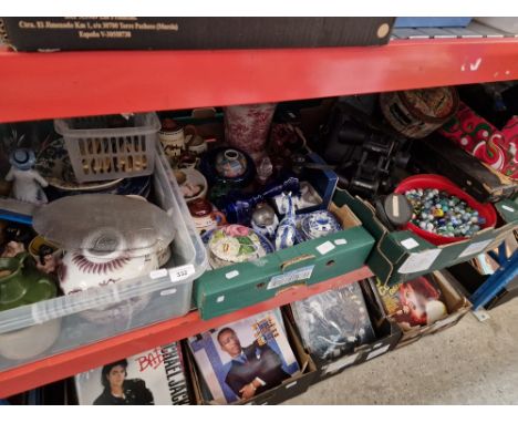 Three boxes of pottery, glass, 3 pairs binoculars, marbles, dominoes, zoom lens, cutlery etc