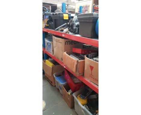 Three shelves of tools etc to include Fern electric saw, toolbox, bench grinder, Clarke arc welder, tool boxes and contents, 