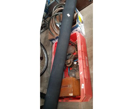 Two boxes of vintage car parts including 1950s steering wheels, etc, together with a roll of rexine.
