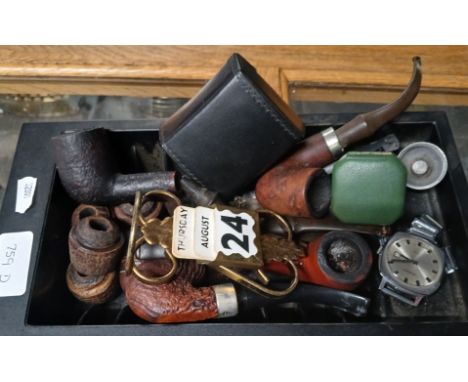 A box of collectables including cufflinks, pipes, Sekonda wristwatch, perpetual calendar etc