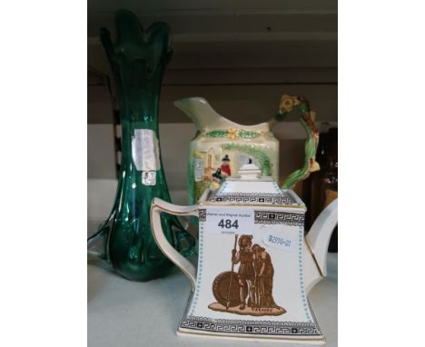 A Crown Devon musical jug, Green Murano fluted glass vase together with a small teapot with a Greek scene.