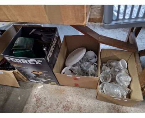 Three boxes of assorted china &amp; glass to include Colclough, Paw prints, a Preston ceramic bottle &amp; Paw Prints etc.