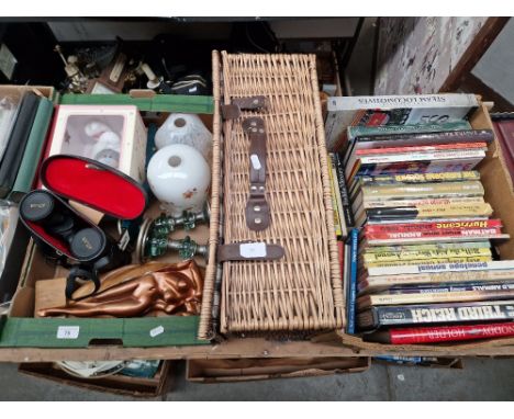 Fitted picnic hamper with cutlery, plates, glasses etc. for 4 people, a box of books &amp; box containing glass lampshades, c