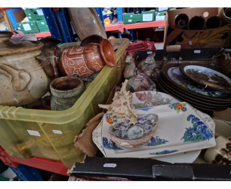 Two boxes of ceramics, glass, etc, including South American stoneware pottery, Poole Pottery, Hornsea, Pendelfin figures, etc