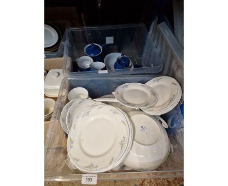 A box of blue Denby table ware, and a box of Regal Heritage dinnerware