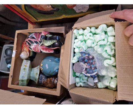 A collection of mostly ceramic animals including frogs, elephant, hedgehog, owl money box, etc.