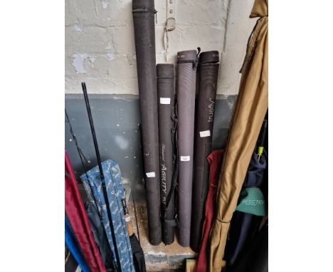 4 fly fishing rods in tubes - Greys 9ft carbon fly rod; Shakespeare Oddysey 2.7 metre fly rod; Greys 10ft carbon fly rod; 10f