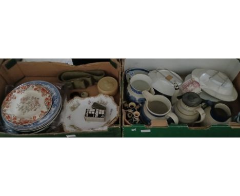 Two boxes of vintage ceramics including Ridgeway jug circa 1815, Davenport stoneware jug c1820 etc