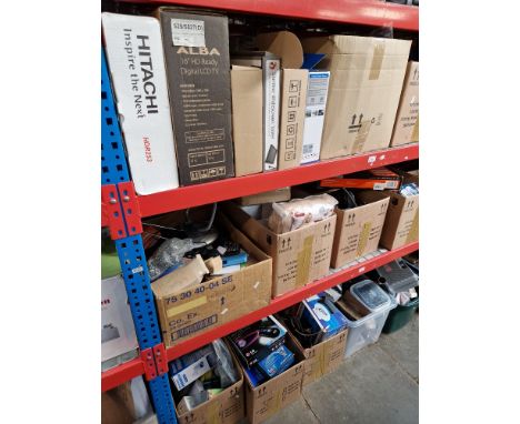 Three shelves of electrical items including photographic, wireless thermostat, radio, multi media player, widescreen tablet, 