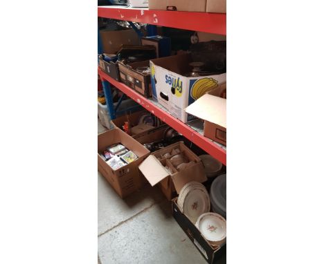 8 boxes of mixed table ware, cutlery, pan set, Christmas decorations, glass ware, plated wares,  etc