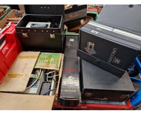 2 slide projectors, camera tripod, Linguaphone course, vintage wind up record player etc