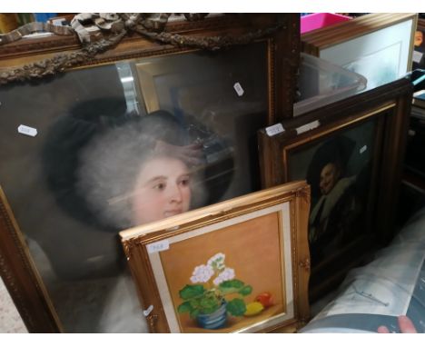 A mixed lot of pictures comprising 19th century pastel portrait of a woman signed 'S Richards, 1883', still life oil on board