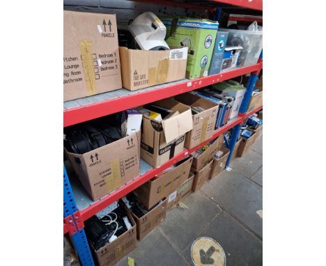 Three shelves of mixed items to include kettle, wallpaper steamer, security camera, portable dvd players, printer, radios, la