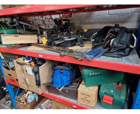 Three shelves of garage wares to include toolboxes and contents, boxes and bags of tools and accessories, manual mitre saw, e