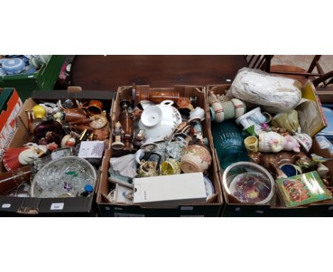 3 boxes of mixed glass, ceramics etc. including Portmierion, Wedgwood, Goebel,  pair of wooden candlesticks, boxed Irish hand