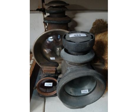 3 old motor lamps - American Deitz Salisbury; Lucas P146 Kings Own; Powell and Hammer Demon red rear lamp