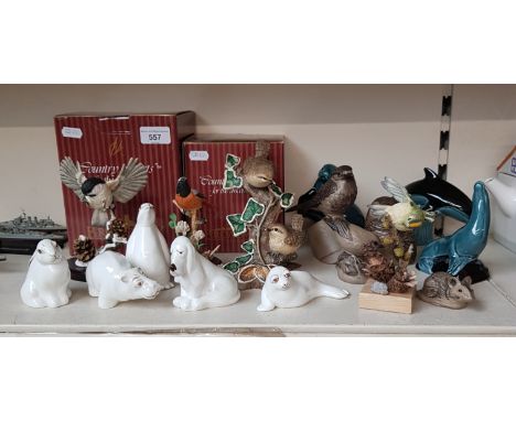 Bird and animal figurines: 3 by Country Artists including 2 boxed - Coal Tit on Winter Pine Cones (04894) and Redstart on Clo