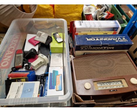 A collection (2 boxes) of various electronics to include a security camera system, mobile tv monitor, digital aerial, vintage