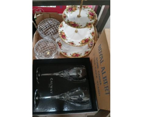 A mixed lot comprising Royal Albert 'Old Country Roses' three tier cake stand, pair of Galway crystal wine glasses and two Cz