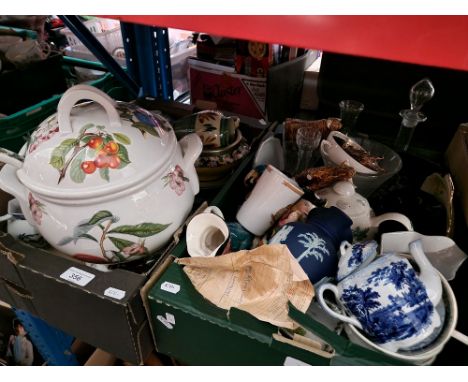 2 boxes of mixed pottery including ginger jar, toby jug, large Portmeirion tureen with ladle, etc