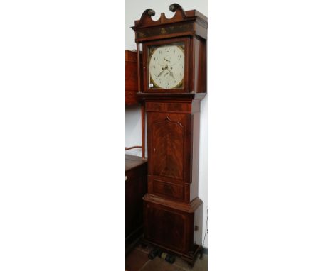 A Georgian mahogany 8 day long case clock, 14" painted dial with seconds and date subsidiaries signed Dennett Ormskirk, inlai