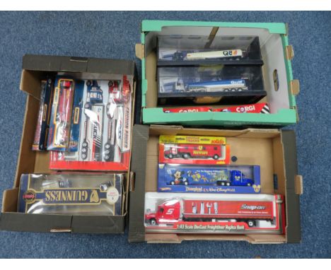 Diecast trucks collection, with Corgi 1/50th Nos. 75101 and 75301, Corgi Guiness twin set No. 59563, Solido Iveco Ferrari tea