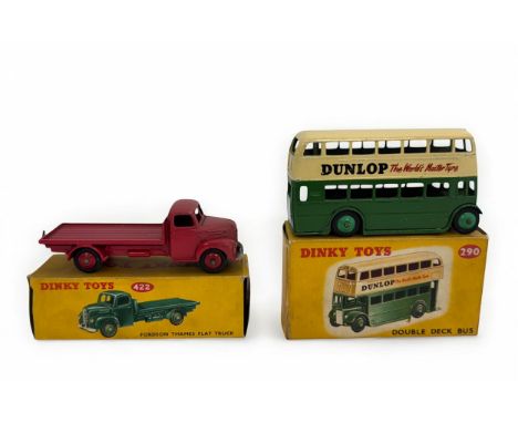 Dinky pair with Fordson Thames Flat Truck dark red No. 422 and Double Deck Bus green Dunlop No. 290, generally excellent in t