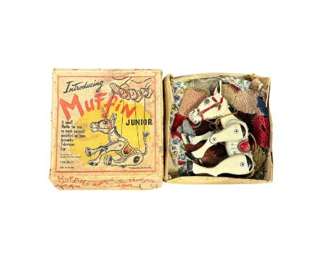 MOKO Muffin Junior puppet from 1950s TV series Muffin the Mule, generally good plus in good to good fair lift-off lid box. Co