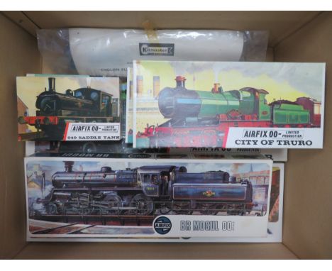 Airfix OO gauge unmade locomotive plastic kits, with Evening Star No. R502, Biggin Hill No. R501, BR Mogul No. R403, City of 