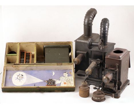 3 Early Tin Toy Projectors. 2 early tin film strip projectors and a toy magic lantern projector, one missing oil lamp & chimn