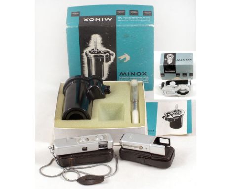 Minox "Spy Camera" Set. Minox "Spy Camera" with case (condition 6F); Minox flash with case (condition 4F); Minox developing t
